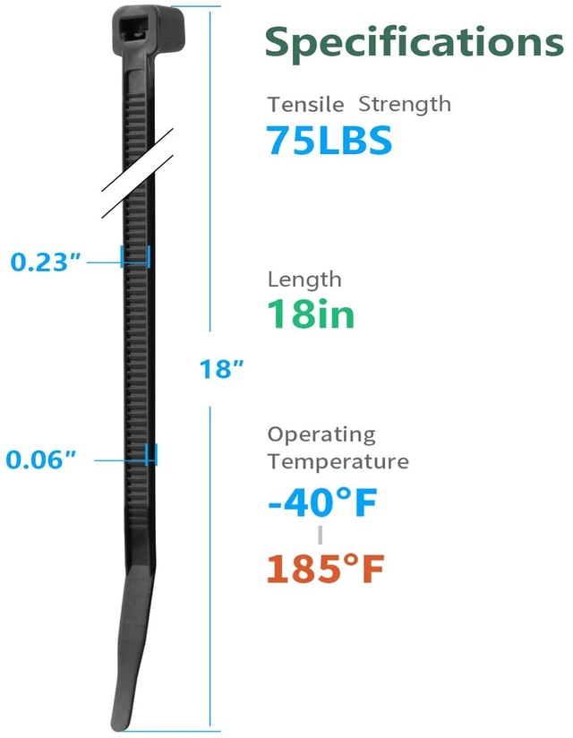 Alt view image 2 of 7 - 18 inch Black Zip Ties Heavy Duty 1000 Pack Long Cable Ties 75 LBS Extra Strong, UV Resistant Cable Ties, Weatherproof, Self-Locking for Indoor and Outdoor