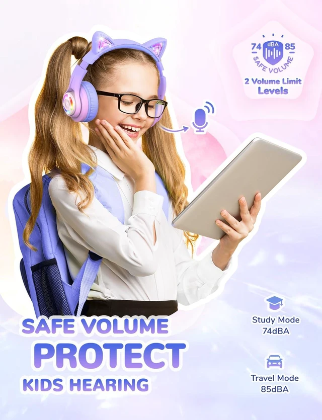 Alt view image 3 of 7 - BTH13 Kids Bluetooth Headphones for Girls, LED Cat Ear Travel Gift SafeSound Tech, 50H Playtime, USB C Charging, AUX Cable, Stereo Sound, Kids Headphones Wireless with Mic for Tablet PC