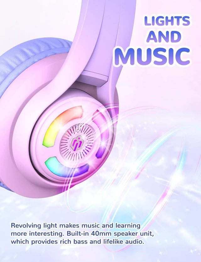 Alt view image 2 of 7 - BTH13 Kids Bluetooth Headphones for Girls, LED Cat Ear Travel Gift SafeSound Tech, 50H Playtime, USB C Charging, AUX Cable, Stereo Sound, Kids Headphones Wireless with Mic for Tablet PC