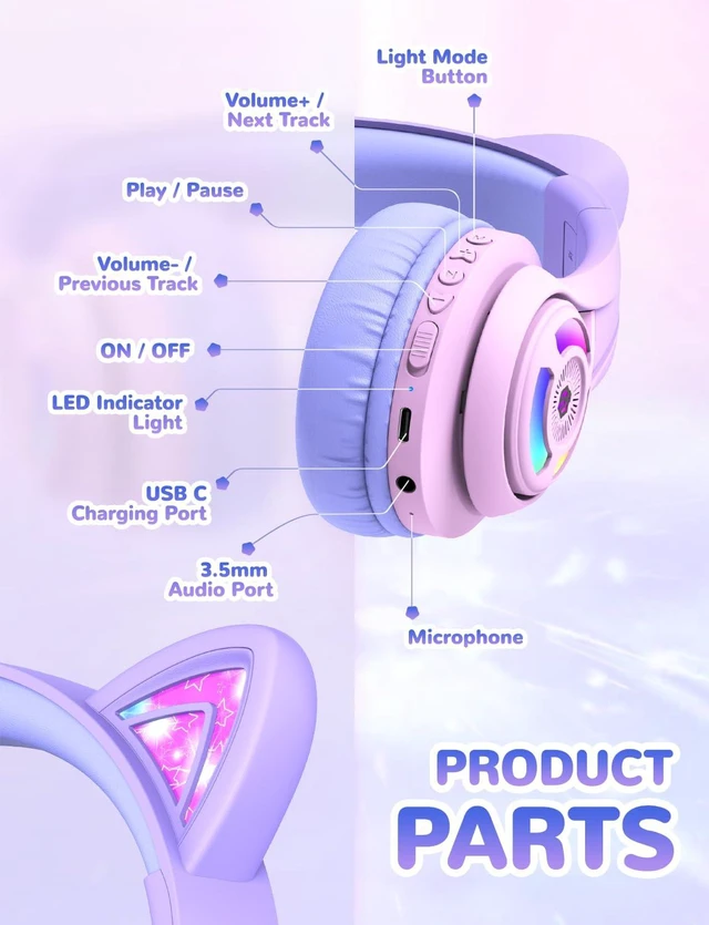 Alt view image 5 of 7 - BTH13 Kids Bluetooth Headphones for Girls, LED Cat Ear Travel Gift SafeSound Tech, 50H Playtime, USB C Charging, AUX Cable, Stereo Sound, Kids Headphones Wireless with Mic for Tablet PC