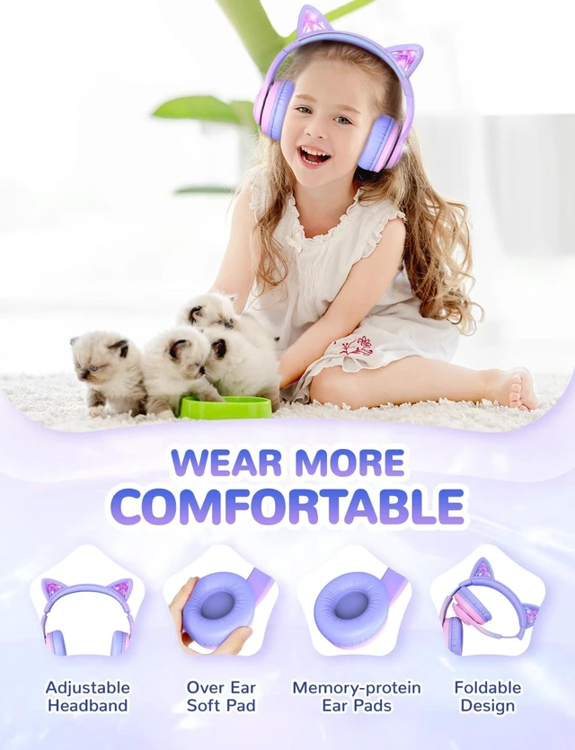 Alt view image 6 of 7 - BTH13 Kids Bluetooth Headphones for Girls, LED Cat Ear Travel Gift SafeSound Tech, 50H Playtime, USB C Charging, AUX Cable, Stereo Sound, Kids Headphones Wireless with Mic for Tablet PC