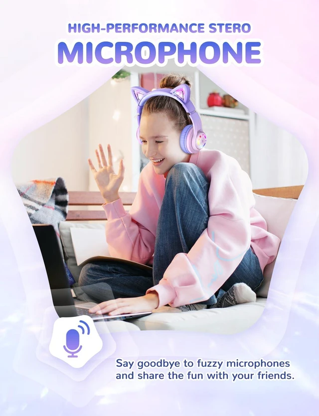 Alt view image 7 of 7 - BTH13 Kids Bluetooth Headphones for Girls, LED Cat Ear Travel Gift SafeSound Tech, 50H Playtime, USB C Charging, AUX Cable, Stereo Sound, Kids Headphones Wireless with Mic for Tablet PC