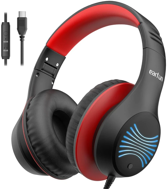 Main image of K3 Kids Headphones, USB Type C Over Ear Headphones with Microphones Built-in Mic, 85/94dB Volume Limit, HD Stereo Sound, LED Light, Foldable Wired Headphones for School/Boys/Girls/Tablet, Black