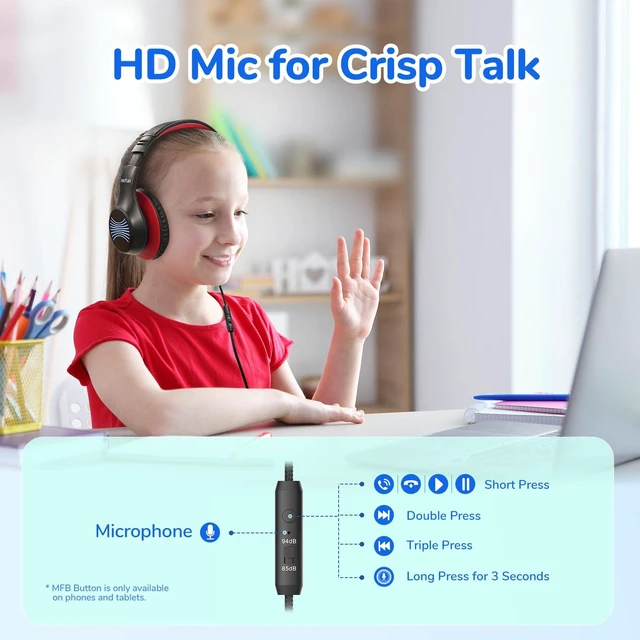 Alt view image 3 of 7 - K3 Kids Headphones, USB Type C Over Ear Headphones with Microphones Built-in Mic, 85/94dB Volume Limit, HD Stereo Sound, LED Light, Foldable Wired Headphones for School/Boys/Girls/Tablet, Black