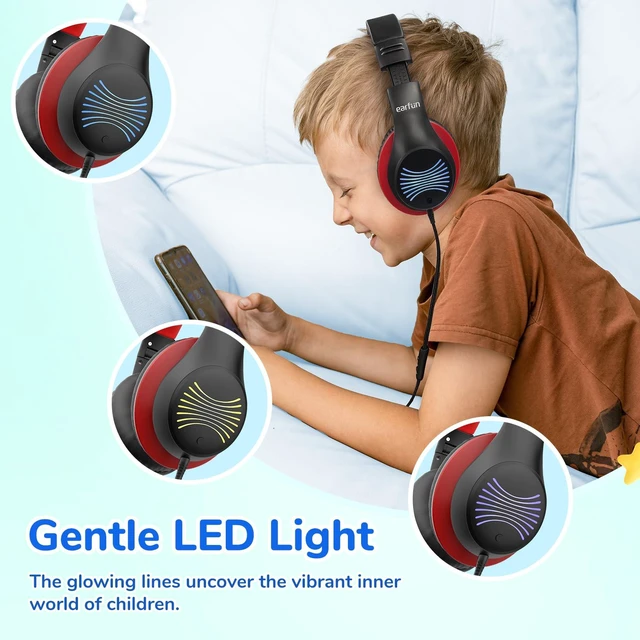 Alt view image 6 of 7 - K3 Kids Headphones, USB Type C Over Ear Headphones with Microphones Built-in Mic, 85/94dB Volume Limit, HD Stereo Sound, LED Light, Foldable Wired Headphones for School/Boys/Girls/Tablet, Black