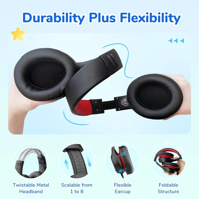 Alt view image 7 of 7 - K3 Kids Headphones, USB Type C Over Ear Headphones with Microphones Built-in Mic, 85/94dB Volume Limit, HD Stereo Sound, LED Light, Foldable Wired Headphones for School/Boys/Girls/Tablet, Black