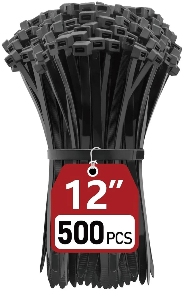Main image of Zip Ties Heavy Duty 12 inch (500 Pack), Heavy Duty Cable Ties with 120 lb Tensile Strength for Outdoor Use, Black Wire Ties