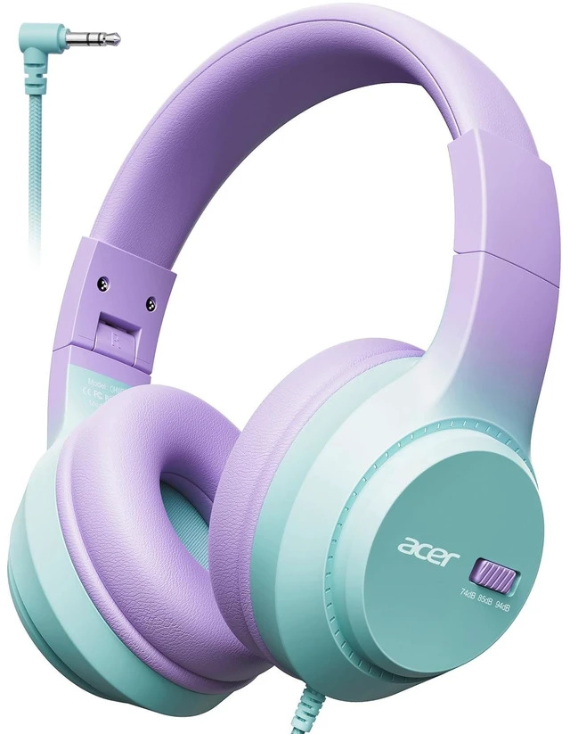 Main image of Kids Headphones, 74/85/94dB Volume Limiter, Foldable Wired Over Ear Headphones for Travel, 3.5mm Jack, Toddler Headphones for School, iPad, Chromebook, Tablet, Purple Green