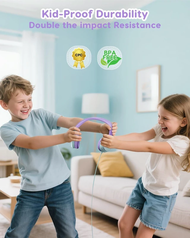 Alt view image 3 of 6 - Kids Headphones, 74/85/94dB Volume Limiter, Foldable Wired Over Ear Headphones for Travel, 3.5mm Jack, Toddler Headphones for School, iPad, Chromebook, Tablet, Purple Green