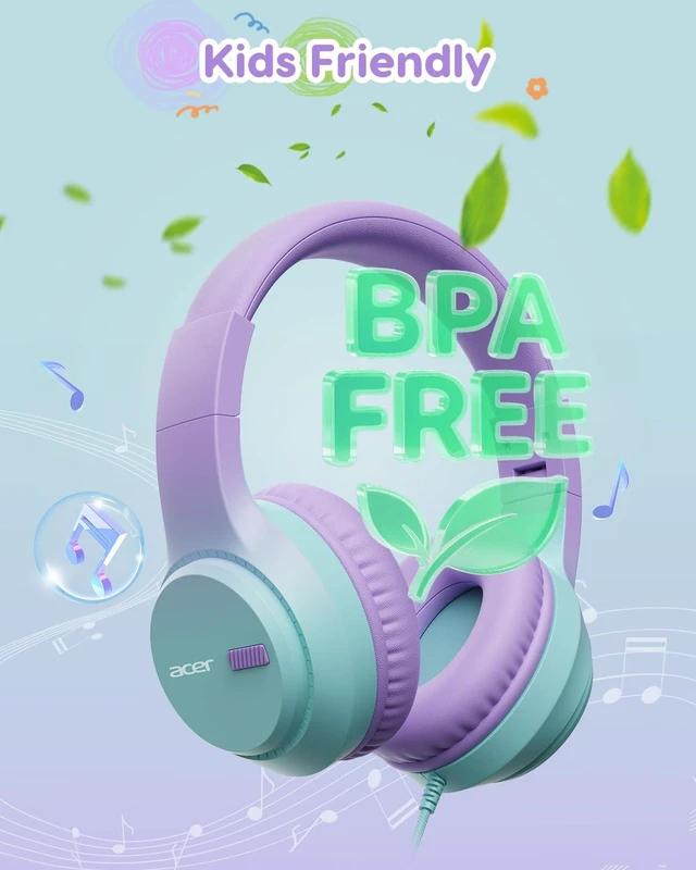 Alt view image 4 of 6 - Kids Headphones, 74/85/94dB Volume Limiter, Foldable Wired Over Ear Headphones for Travel, 3.5mm Jack, Toddler Headphones for School, iPad, Chromebook, Tablet, Purple Green
