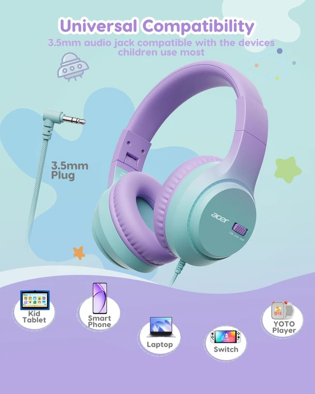 Alt view image 6 of 6 - Kids Headphones, 74/85/94dB Volume Limiter, Foldable Wired Over Ear Headphones for Travel, 3.5mm Jack, Toddler Headphones for School, iPad, Chromebook, Tablet, Purple Green