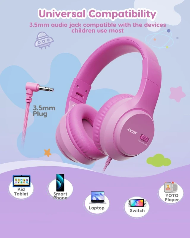 Alt view image 6 of 6 - Kids Headphones, 748594dB Limiter, 3.5mm Jack, Pink OHW343 Foldable Wired, for Toddler School/iPad/Chromebook/Tablet