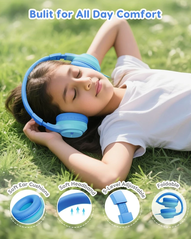 Alt view image 5 of 6 - Kids Headphones, 748594dB Limiter, 3.5mm Jack, Blue OHW343 Foldable Wired, for Toddler School/iPad/Chromebook/Tablet