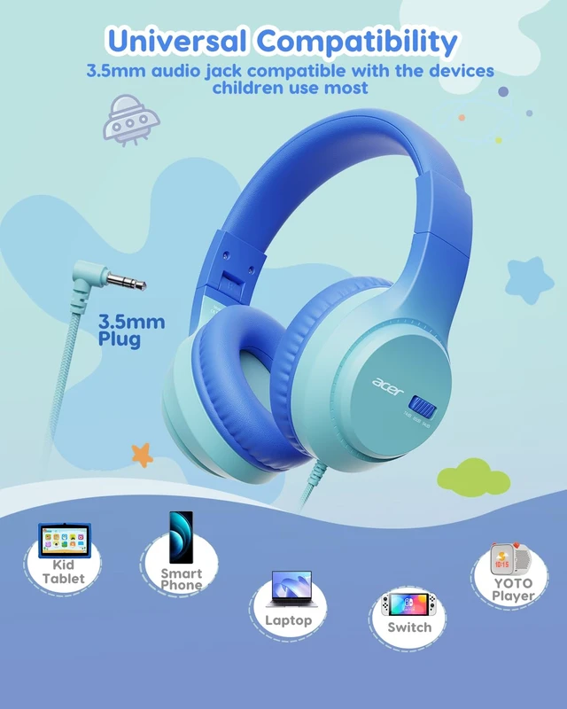 Alt view image 6 of 6 - Kids Headphones, 748594dB Limiter, 3.5mm Jack, Blue OHW343 Foldable Wired, for Toddler School/iPad/Chromebook/Tablet