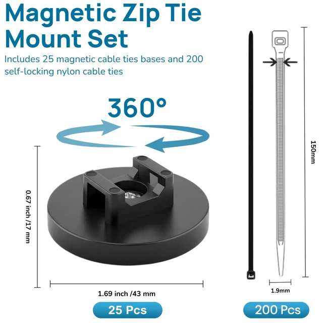 Alt view image 3 of 7 - 225-Pc Magnetic Cable Ties Set,Magnetic Zip Tie Mounts & Cable Ties Magnetic Wire Holder, 25 Magnetic Cable Holders & 200 Zip Ties, Magnet Cable Tie Mounts for Cables, Wires, Cords, Hoses-43 mm