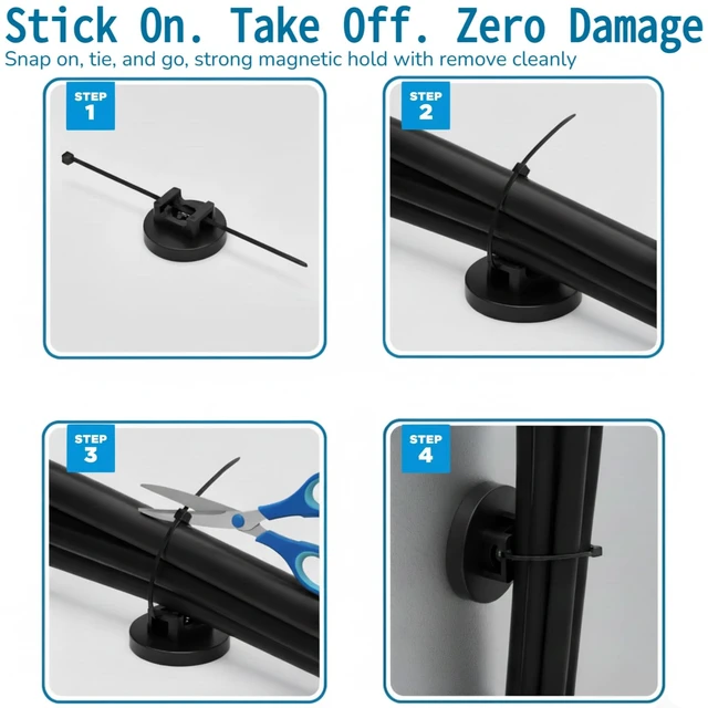 Alt view image 6 of 7 - 225-Pc Magnetic Cable Ties Set,Magnetic Zip Tie Mounts & Cable Ties Magnetic Wire Holder, 25 Magnetic Cable Holders & 200 Zip Ties, Magnet Cable Tie Mounts for Cables, Wires, Cords, Hoses-43 mm