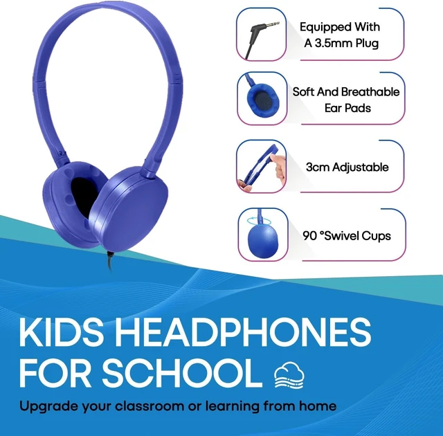 Alt view image 2 of 7 - Bulk Headphones 100 Pack for Kids School Classroom, Wholesale Wired Durable Headphones Class Set for Students Children Toddler Boys Girls Teens and Adult (HY104, 100 Blue)
