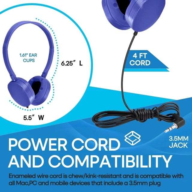Alt view image 5 of 7 - Bulk Headphones 100 Pack for Kids School Classroom, Wholesale Wired Durable Headphones Class Set for Students Children Toddler Boys Girls Teens and Adult (HY104, 100 Blue)