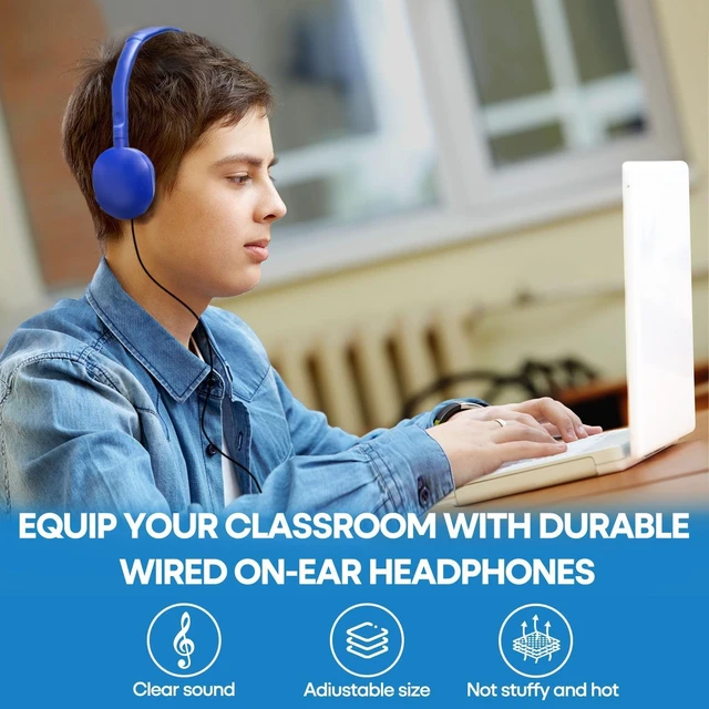 Alt view image 6 of 7 - Bulk Headphones 100 Pack for Kids School Classroom, Wholesale Wired Durable Headphones Class Set for Students Children Toddler Boys Girls Teens and Adult (HY104, 100 Blue)