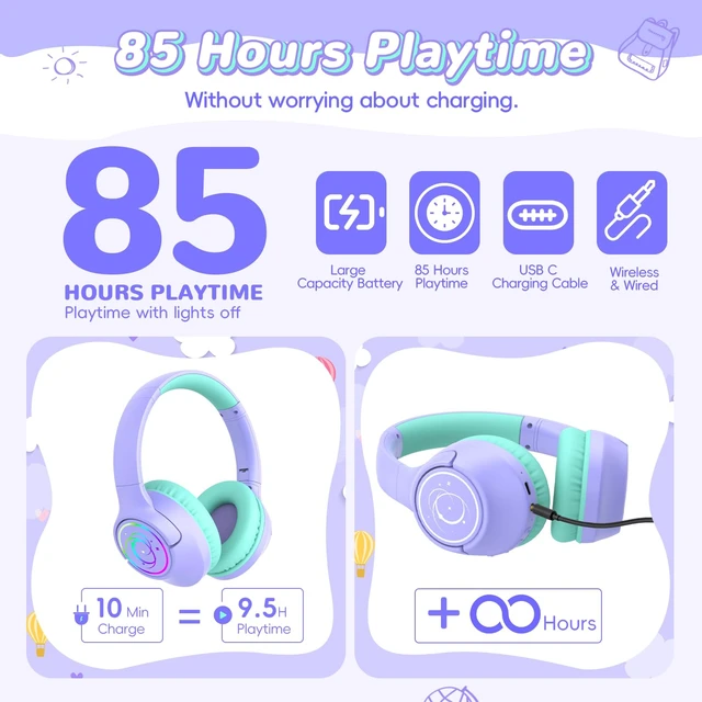 Alt view image 2 of 7 - Kids Bluetooth Headphones, 85H Playtime for Toddler Girls, Purple with LED Over Ear Wireless Headphones for Kids, 85/94dB Safe Volume Limit, Bluetooth 5.4 Built-in Mic for iPad Tablet Airplane Travel