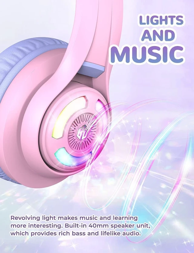 Alt view image 2 of 7 - BTH13 Kids Bluetooth Headphones for Girls, LED Cat Ear Travel Gift SafeSound Tech, 50H Playtime, USB C Charging, AUX Cable, Stereo Sound, Kids Headphones Wireless with Mic for Tablet, Purple