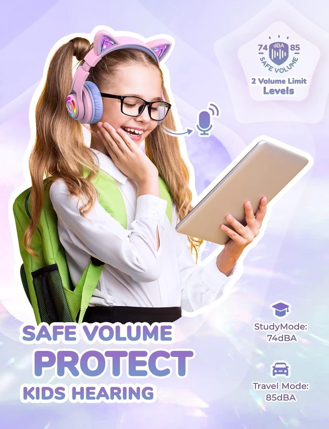 Alt view image 3 of 7 - BTH13 Kids Bluetooth Headphones for Girls, LED Cat Ear Travel Gift SafeSound Tech, 50H Playtime, USB C Charging, AUX Cable, Stereo Sound, Kids Headphones Wireless with Mic for Tablet, Purple