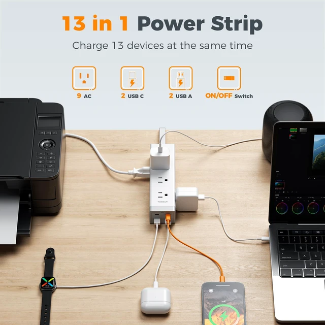 Alt view image 2 of 7 - Surge Protector Power Strip with 1050J Protection, 15 Ft, Grey 9 Outlets with 4 USB (2 USB C), Flat Plug Extension Cord, 20W Multiple Charging Station for Home, Office, College Dorm Room