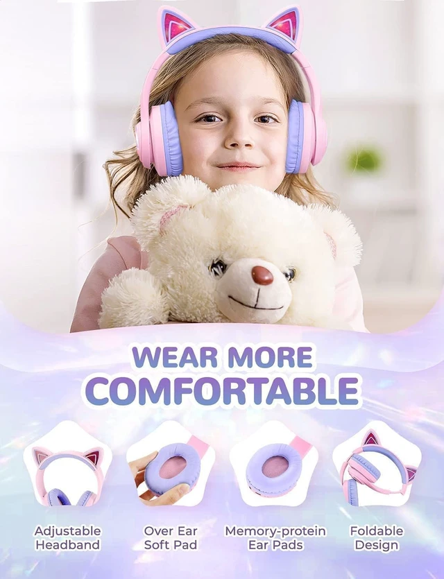 Alt view image 6 of 7 - BTH13 Kids Bluetooth Headphones for Girls, LED Cat Ear Travel Gift SafeSound Tech, 50H Playtime, USB C Charging, AUX Cable, Stereo Sound, Kids Headphones Wireless with Mic for Tablet, Purple