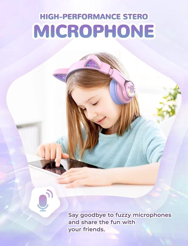 Alt view image 7 of 7 - BTH13 Kids Bluetooth Headphones for Girls, LED Cat Ear Travel Gift SafeSound Tech, 50H Playtime, USB C Charging, AUX Cable, Stereo Sound, Kids Headphones Wireless with Mic for Tablet, Purple