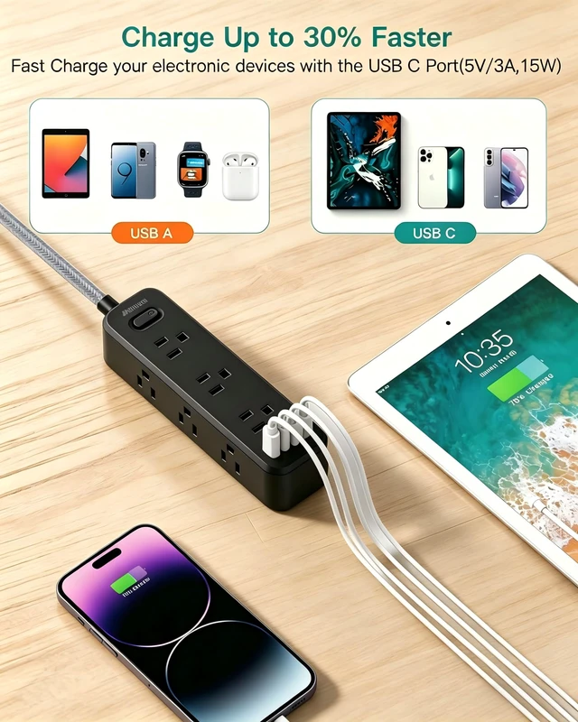 Alt view image 3 of 7 - Black Extension Cord, Surge Protector Power Strip, Long Power Strip with 9 Outlets 4 USB Ports, Extension Cord with Multiple Outlets, USB Power Strip for Dorm Room Essentials, College(5FT, Black)
