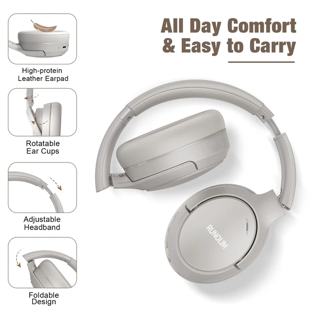 Alt view image 5 of 7 - Active Noise Cancelling Headphones, Wireless Bluetooth Over Ear 100H Playtime, Transparency Mode, Deep Bass Hi-Fi Stereo, Built-in Mic, Lightweight Comfort for Travel, Office and Home