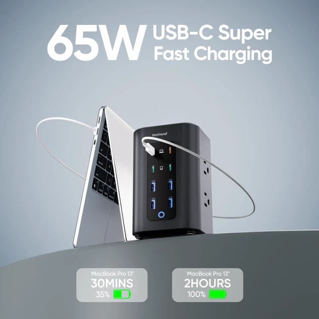 Alt view image 4 of 6 - Power Strip Tower, 230W Charging Station with Multiple Devices 6 AC Outlets & 8 USB Ports(4 USB-C), Flat Plug, 10 FT Extension Cord for Home Office, Dorm Essentials, Black