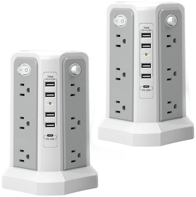 Main image of 2PS Surge Protector Power Strip Tower 10FT4A1C with PD18W USB C Port Extension Cord with Mutiple Outlets 5 USB Charging Ports, Power Tower for Home Office Dorm Room, Grey White