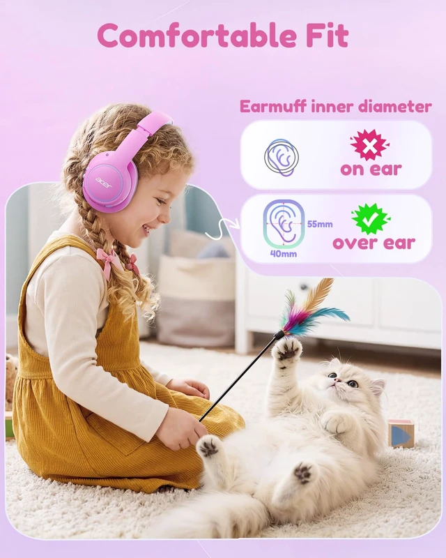 Alt view image 2 of 7 - OHR702 Kids Bluetooth Headphones for School with Built-in Mic,Over-Ear 75H Playtime,Bluetooth 6.0,85dBA Safe Volume,3.5mm Jack Aux Cord, USB-C Fast Charging, for iPad/Travel/Tablet- Pink