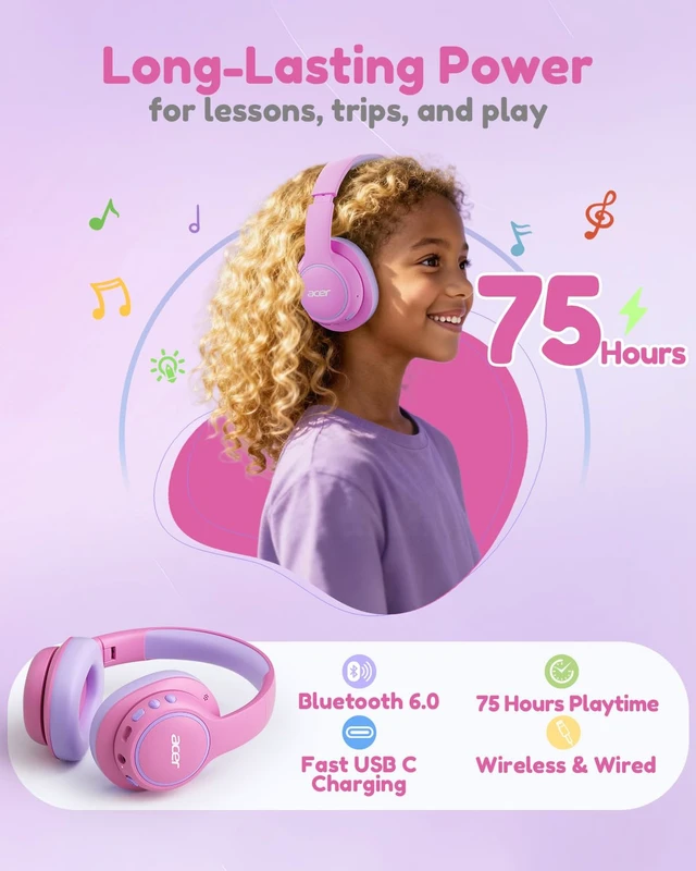 Alt view image 5 of 7 - OHR702 Kids Bluetooth Headphones for School with Built-in Mic,Over-Ear 75H Playtime,Bluetooth 6.0,85dBA Safe Volume,3.5mm Jack Aux Cord, USB-C Fast Charging, for iPad/Travel/Tablet- Pink
