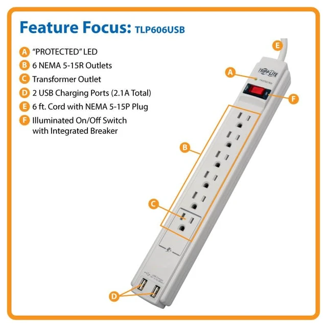 Alt view image 5 of 7 - Eaton TLP606USBB 6 Outlet White Surge Protector with USB & USB-C Power Strip, 1200 Joules, 6ft Extension Cord Power Cable, & $20,000 Insurance