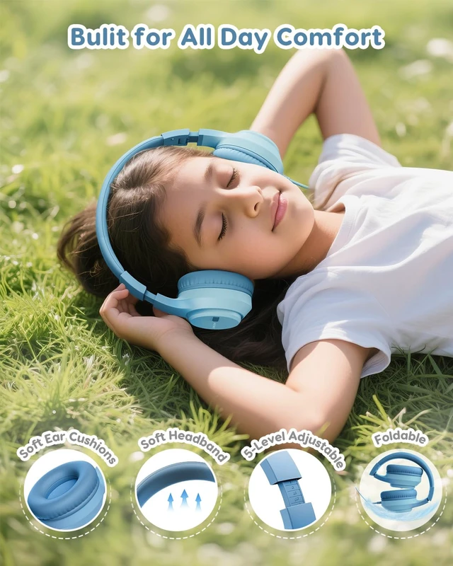 Alt view image 5 of 6 - Kids Headphones, 74/85/94dB Volume Limiter, Foldable Wired Over Ear Headphones for Travel, 3.5mm Jack, Toddler Headphones for School, iPad, Chromebook, Tablet, Green