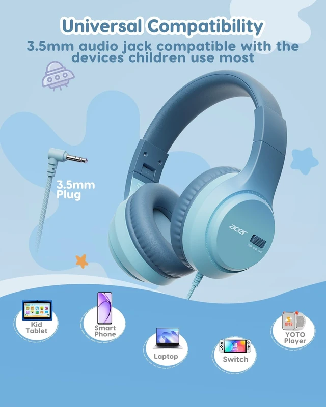 Alt view image 6 of 6 - Kids Headphones, 74/85/94dB Volume Limiter, Foldable Wired Over Ear Headphones for Travel, 3.5mm Jack, Toddler Headphones for School, iPad, Chromebook, Tablet, Green