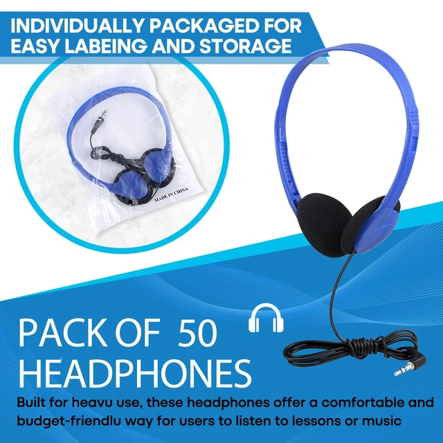 Alt view image 2 of 7 - Classroom Headphones Bulk 50 Pack Class Set for School Students Kids and Adult -Sturdy Wired 3.5mm Plug (Blue, 50 Pack)
