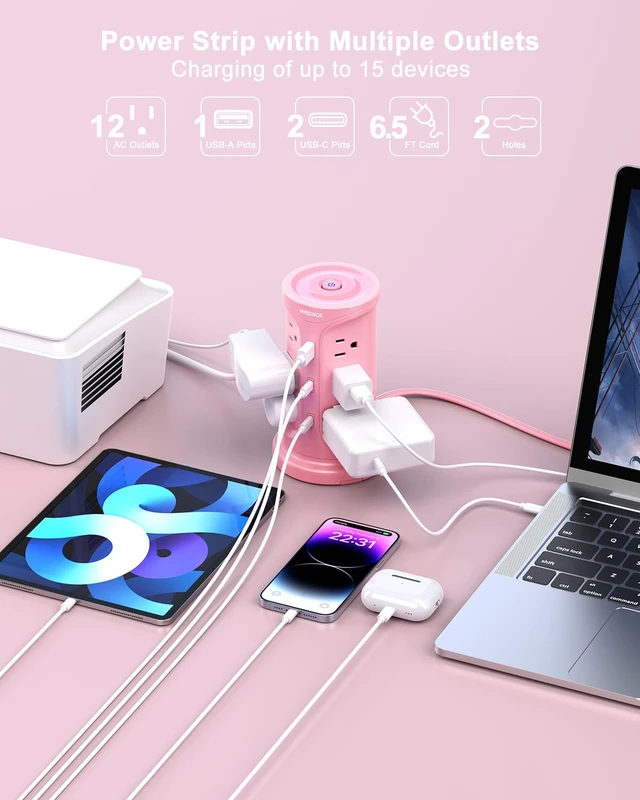 Alt view image 2 of 7 - Tower Power Strip Surge Protector with 12 Outlets 3 USB Ports(2 Type C) 6.5 FT Thin Flat Extension Cord with Multiple Outlets, Flat Plug Outlet Extender with Screw Wall Mount for Home Office Dorm