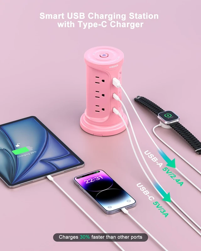 Alt view image 3 of 7 - Tower Power Strip Surge Protector with 12 Outlets 3 USB Ports(2 Type C) 6.5 FT Thin Flat Extension Cord with Multiple Outlets, Flat Plug Outlet Extender with Screw Wall Mount for Home Office Dorm