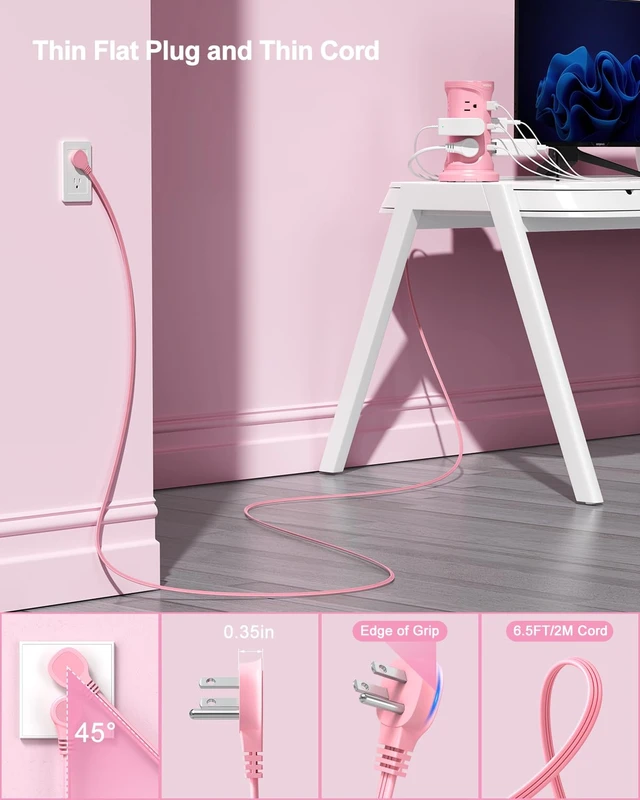 Alt view image 4 of 7 - Tower Power Strip Surge Protector with 12 Outlets 3 USB Ports(2 Type C) 6.5 FT Thin Flat Extension Cord with Multiple Outlets, Flat Plug Outlet Extender with Screw Wall Mount for Home Office Dorm