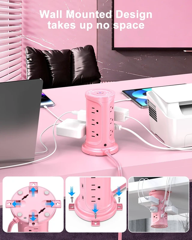 Alt view image 7 of 7 - Tower Power Strip Surge Protector with 12 Outlets 3 USB Ports(2 Type C) 6.5 FT Thin Flat Extension Cord with Multiple Outlets, Flat Plug Outlet Extender with Screw Wall Mount for Home Office Dorm