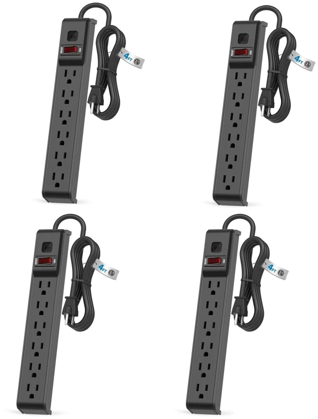 Main image of 6 Outlet Power Strip Surge Protector, 4 FT Extension Cord with Overload Protection, Wall Mountable for Home and Office, 600J, 15A/1875W, ETL Listed, 4 Packs