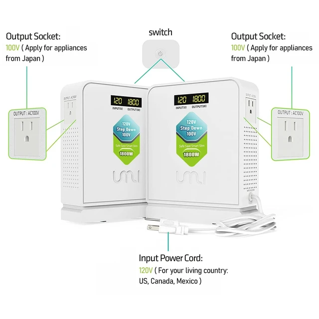 Alt view image 3 of 7 - 1800W Step Down Transformer 120V to 100V for Japan Appliances in US Voltage Converter Toroidal 120 to 100v,Japanese Use in US Canada Mexico,Heavy Duty Power,Auto Mode,Safe and Effective,White