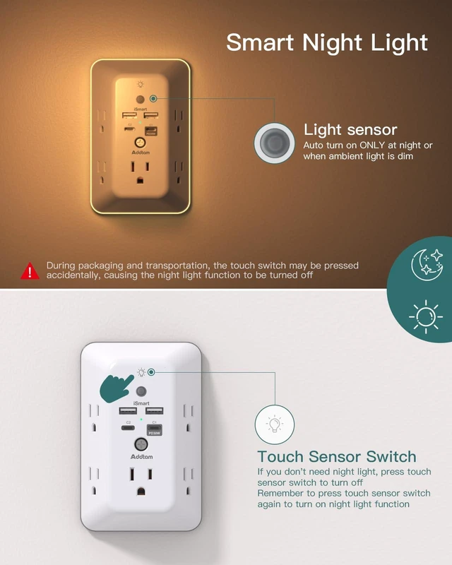 Alt view image 3 of 7 - Surge Protector Outlet Extender, Plug Extension Outlet with Night Light, 5-Outlet Splitter and 4 USB Ports(PD 30W), Multi Plug Wall Outlet for Home Office Dorm Room Essentials