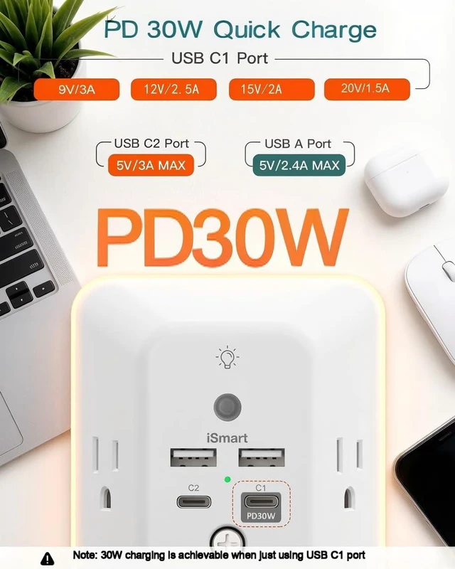 Alt view image 4 of 7 - Surge Protector Outlet Extender, Plug Extension Outlet with Night Light, 5-Outlet Splitter and 4 USB Ports(PD 30W), Multi Plug Wall Outlet for Home Office Dorm Room Essentials