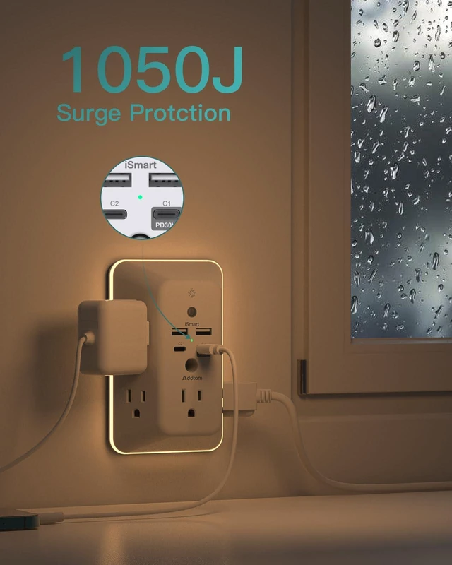 Alt view image 6 of 7 - Surge Protector Outlet Extender, Plug Extension Outlet with Night Light, 5-Outlet Splitter and 4 USB Ports(PD 30W), Multi Plug Wall Outlet for Home Office Dorm Room Essentials