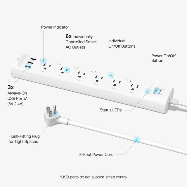 Alt view image 2 of 7 - Smart Wi-Fi Power Strip, Matter, P316M, Energy Monitoring Surge Protection, 6 Individually Controlled Outlets & 3 USB Ports, Works with Alexa, Google Assistant, Siri & Bixby