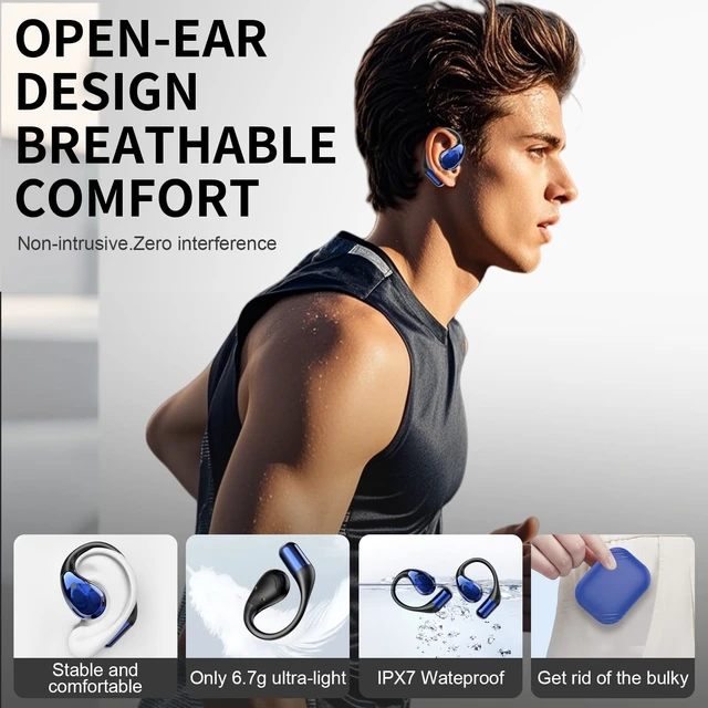 Alt view image 4 of 7 - Open-Ear Headphones, Bluetooth 6.0 Wireless Earbuds Powerful Sound, 40H Open Ear Earbuds with ENC Mic, Comfortable Ear Hooks/IP7 Waterproof/Fast Charging Earphones for Workouts/Running, Blue
